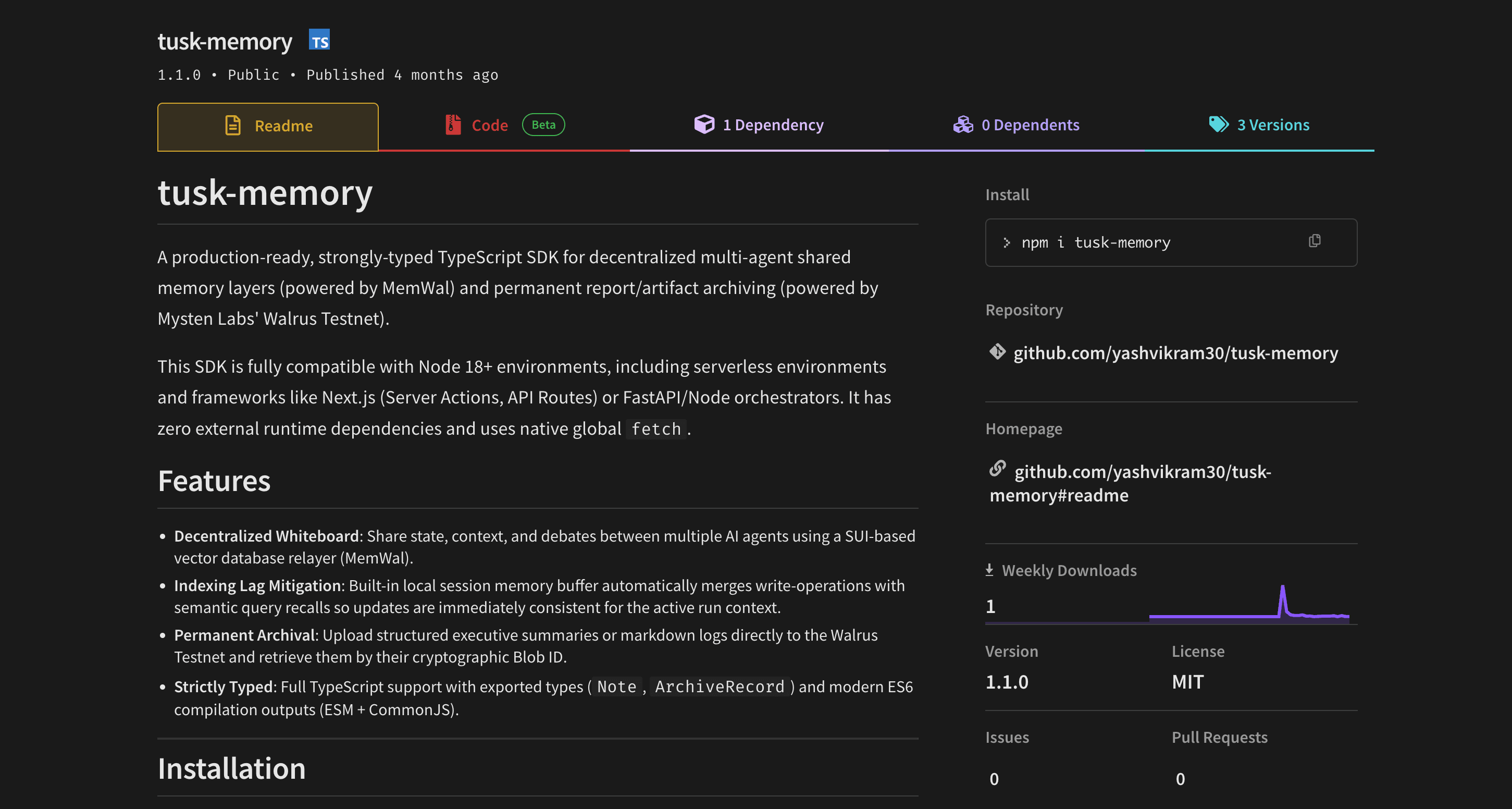 Screenshot of tusk memory